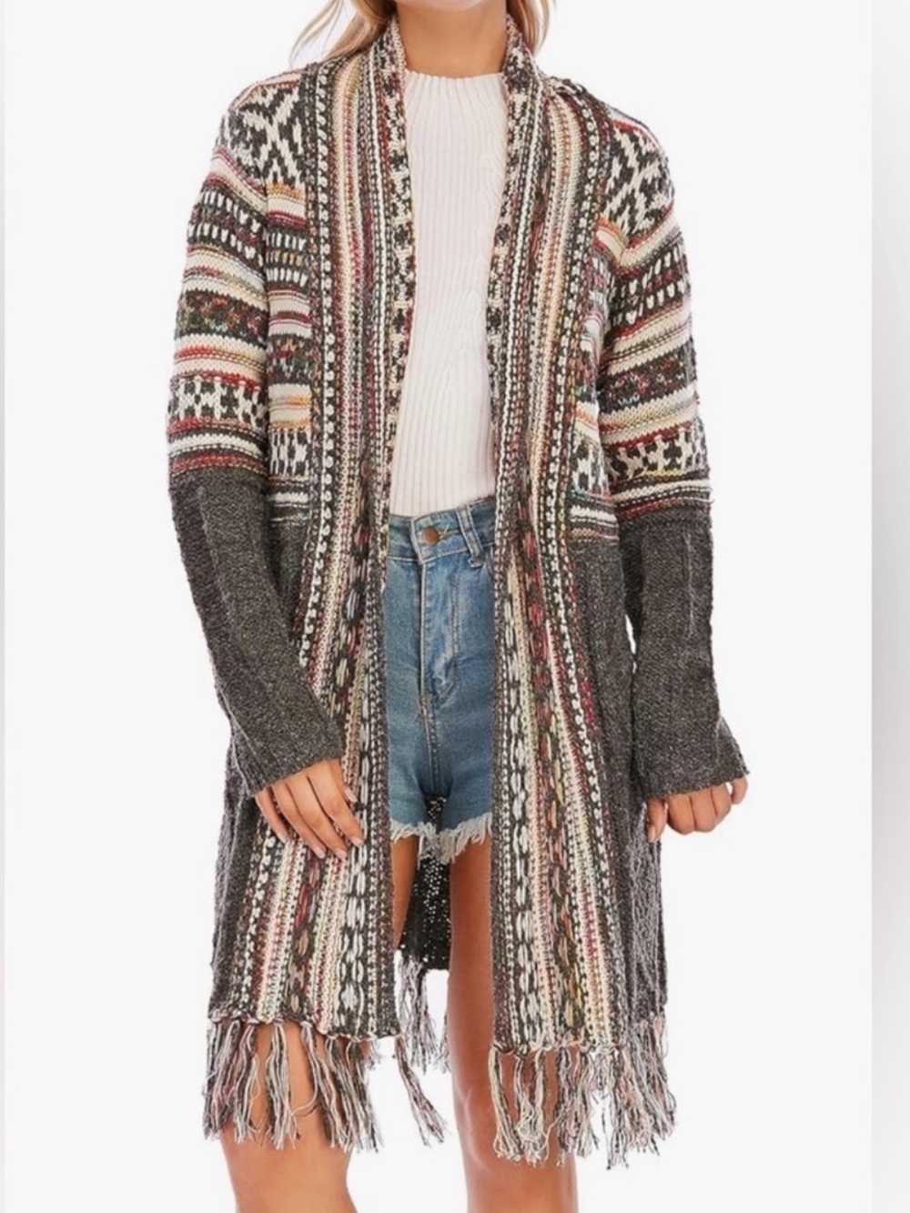 Adora Maya Fringe Hem Aztec Cardigan Boho Chic Indie Western Aztec Tribal S/M
